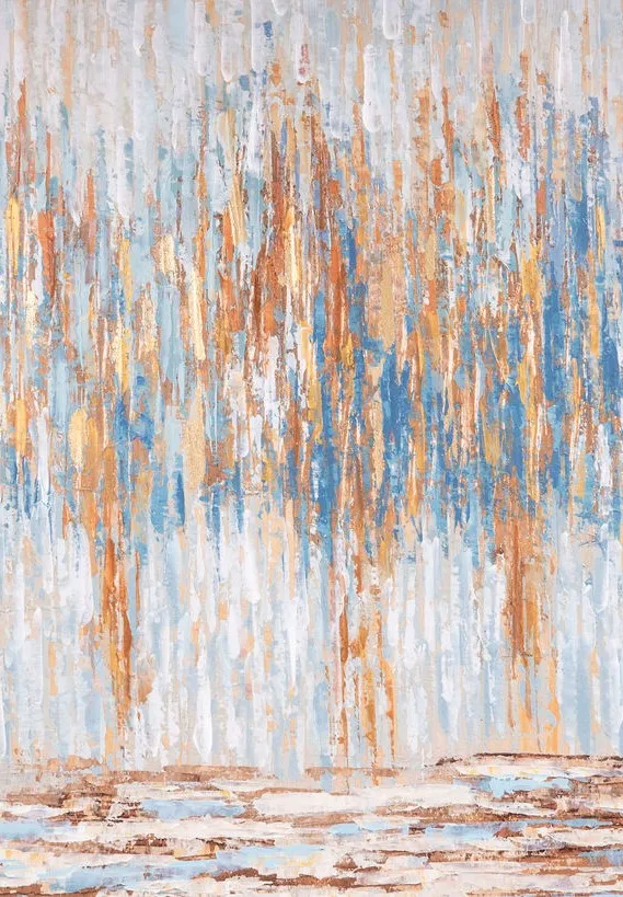 An abstract painting at the practice: vertical brushstrokes of blue, copper and gold over white.
