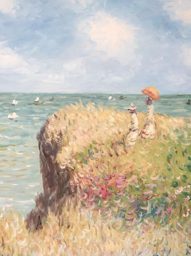 A painting at the practice in the impressionist style: two figures, one with an orange parasol, on a flowering clifftop above a sea dotted with sailboats.